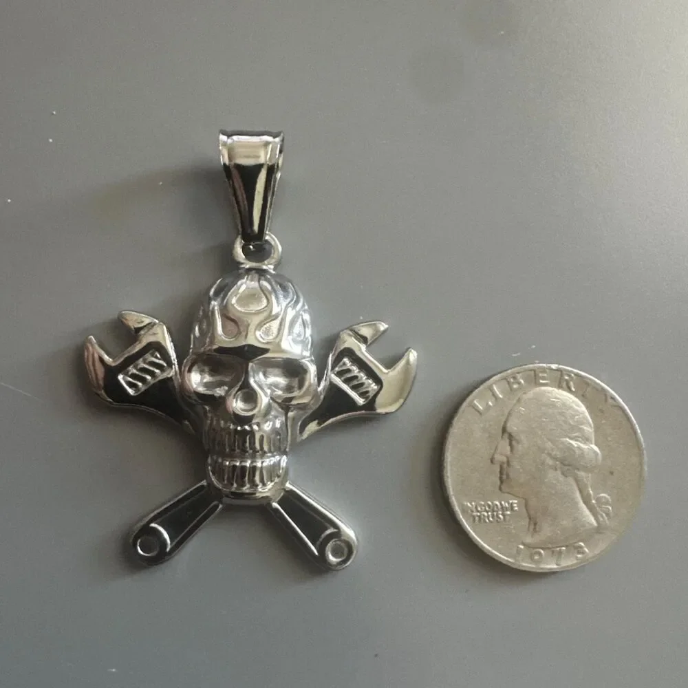 Skull Wrench Tools Silver Plated Stainless Steel Pendant 24” Chain Plumber Men’s